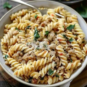 Creamy ground chicken pasta dish served in a bowl