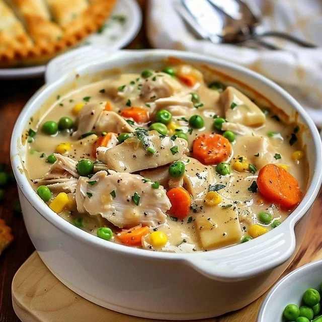Slow cooker chicken pot pie with vegetables and flaky crust