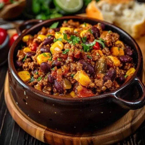 Hearty Slow Cooker Cowboy Casserole with ground beef and vegetables