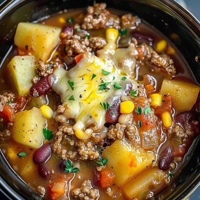 A hearty Slow Cooker Cowboy Casserole with ground beef, corn, and cheese.