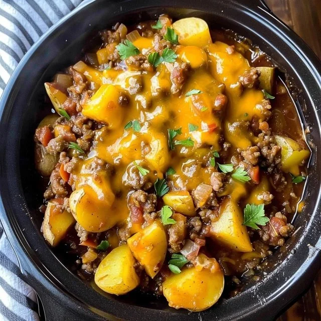 Slow Cooker Cowboy Potato Casserole served in a bowl with toppings