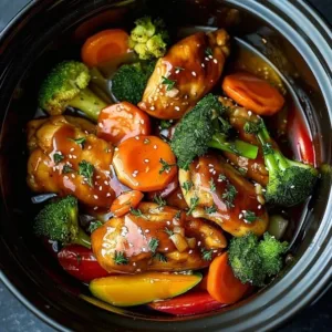 Slow Cooker Honey Garlic Chicken served with rice and vegetables