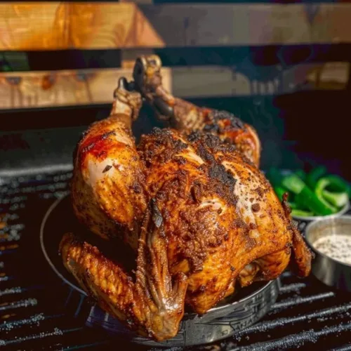 Juicy smoked beer can chicken resting on a grill, infused with rich flavors
