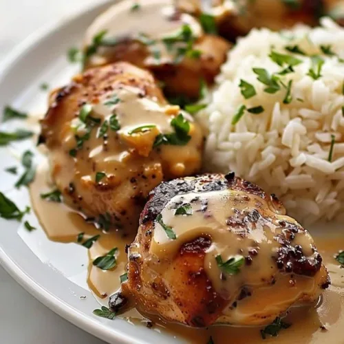 Delicious smothered chicken served over a bed of rice, drizzled with gravy.