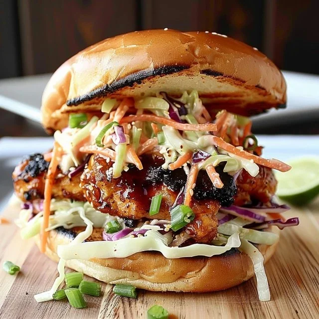 Delicious Spicy Korean BBQ Chicken Sandwich with fresh ingredients