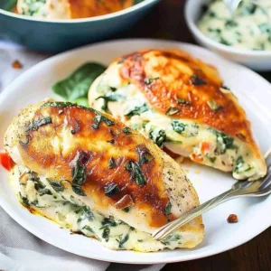 Spinach stuffed chicken breast with herbs and spices on a white plate