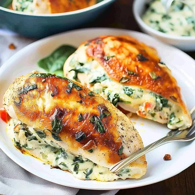 Spinach stuffed chicken breast with herbs and spices on a white plate