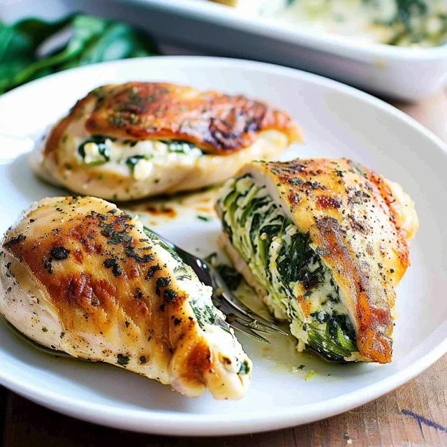Juicy spinach stuffed chicken breasts served with fresh vegetables