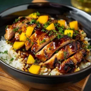 Delicious mango glazed chicken dish garnished with herbs and served on a plate.