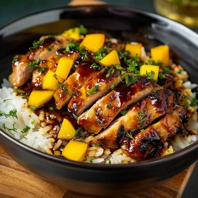 Delicious mango glazed chicken dish garnished with herbs and served on a plate.