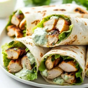 Tasty grilled chicken wrap filled with vegetables and sauce on a plate