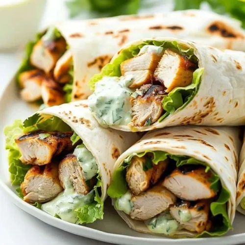 Tasty grilled chicken wrap filled with vegetables and sauce on a plate