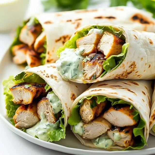 Tasty grilled chicken wrap filled with vegetables and sauce on a plate