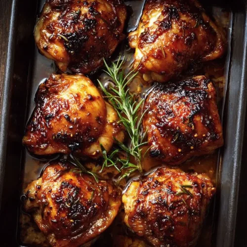Juicy baked chicken thighs ready in 30 minutes, served with herbs and spices.