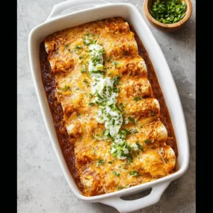 Delicious chicken enchiladas topped with melted cheese and green onions