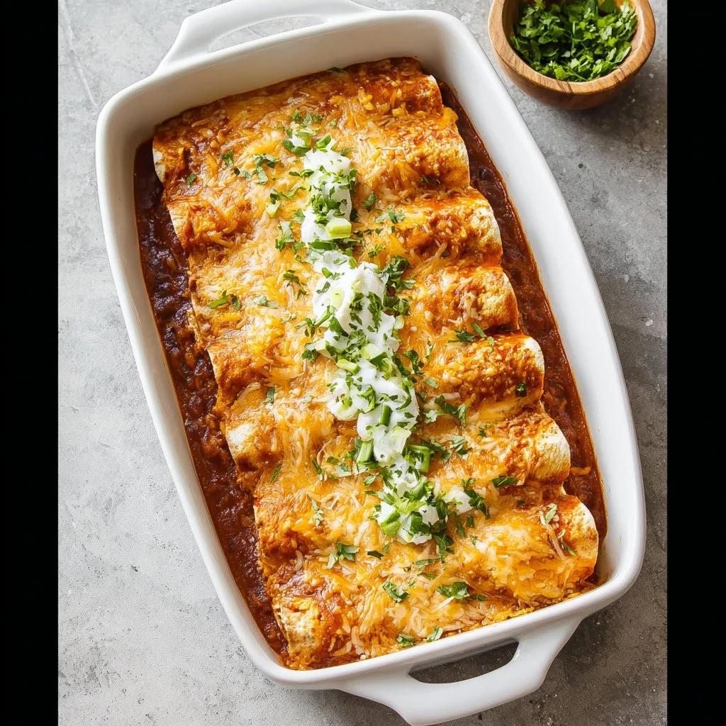 Delicious chicken enchiladas topped with melted cheese and green onions
