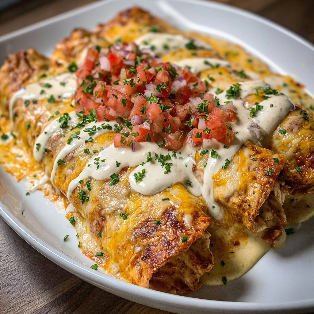 Plate of cheesy queso chicken enchiladas topped with green onions and red sauce