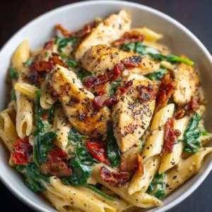 Creamy Chicken Bacon Spinach Penne pasta dish with fresh ingredients