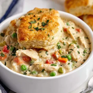 Bowl of Chicken Pot Pie Soup garnished with herbs and vegetables