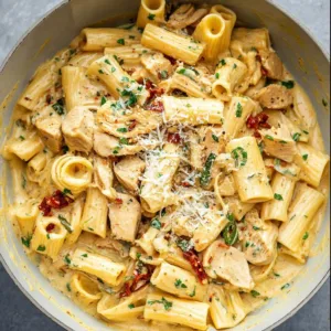 Creamy Cajun chicken pasta dish with colorful vegetables and herbs