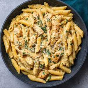 Creamy chicken penne pasta with herbs and cheese, served in a bowl.