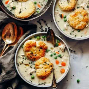 Creamy chicken pot pie soup in a rustic bowl garnished with herbs