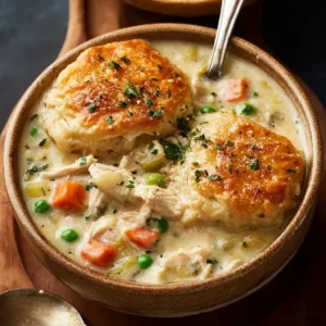 Creamy chicken pot pie soup in a bowl with fresh herbs and vegetables