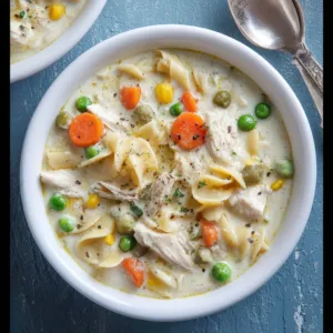 Bowl of creamy chicken pot pie soup with vegetables and herbs