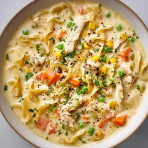 Bowl of creamy chicken pot pie soup with egg noodles and vegetables
