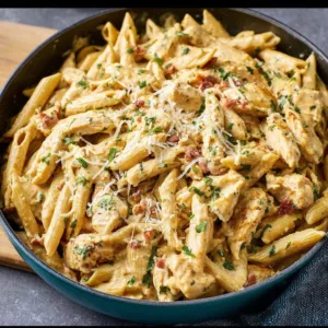 Bowl of creamy chicken ranch pasta with herbs and vegetables