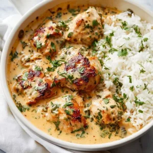 Creamy coconut lime chicken served on a plate garnished with lime wedges and herbs.
