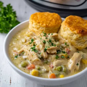 Delicious creamy crock pot chicken pot pie served in a rustic bowl