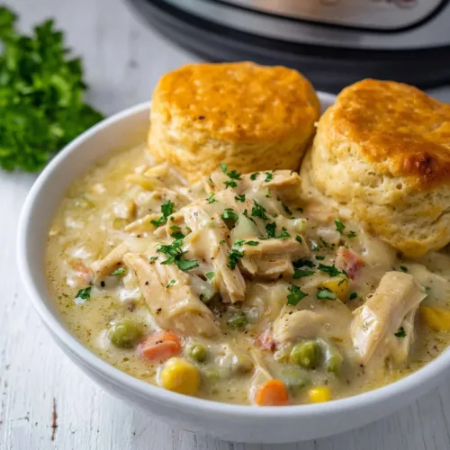Delicious creamy crock pot chicken pot pie served in a rustic bowl