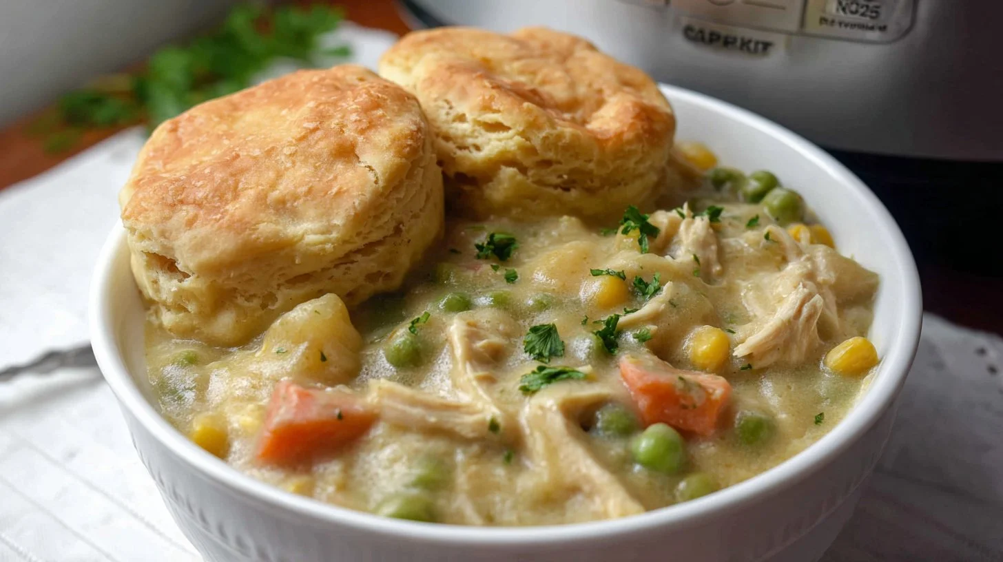 Creamy Crock Pot Chicken Pot Pie with Biscuits