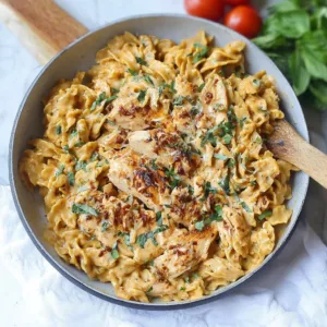 Creamy Garlic Chicken Pasta in a meal prep container with fresh herbs