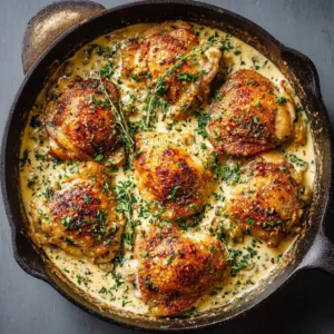 Creamy garlic chicken thighs served on a plate with herbs