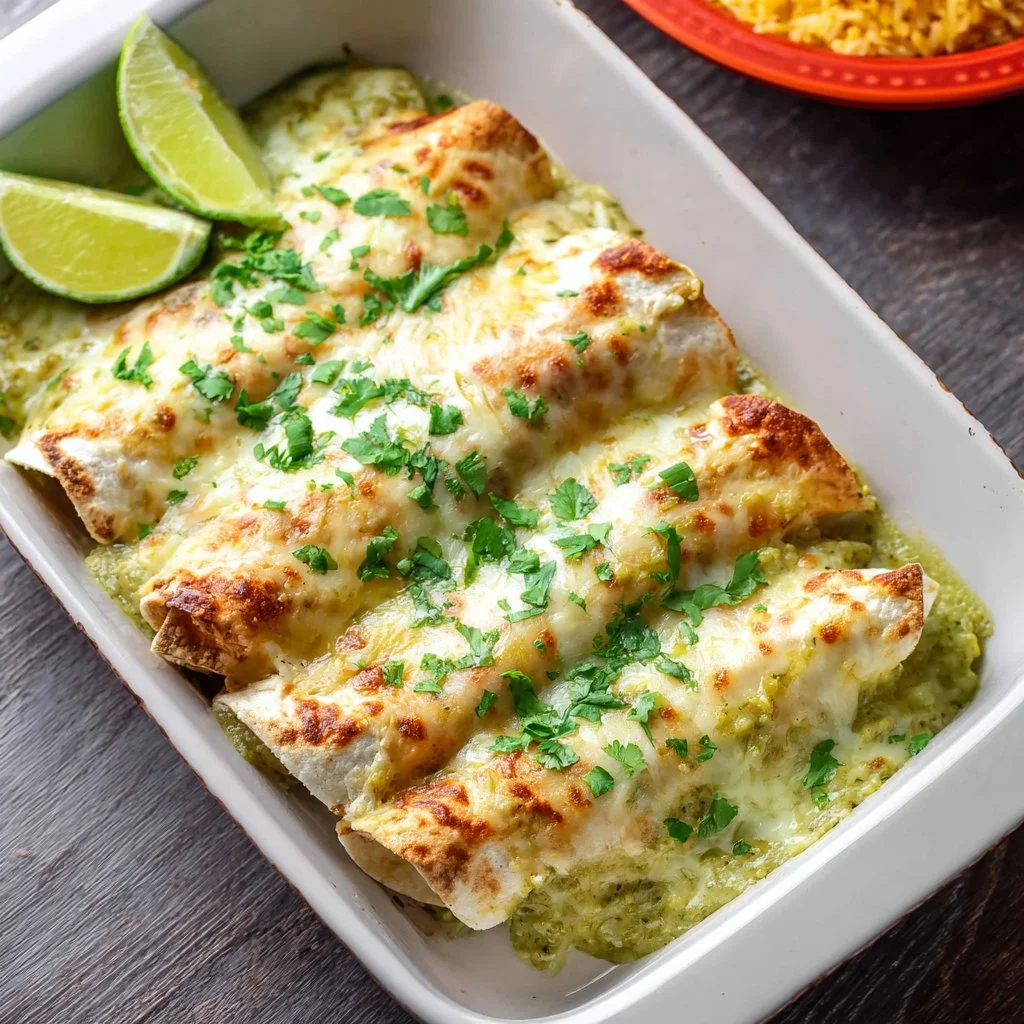 Plate of creamy green chicken enchiladas topped with cheese and cilantro
