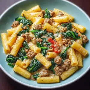 Creamy ground turkey spinach pasta served with fresh herbs.