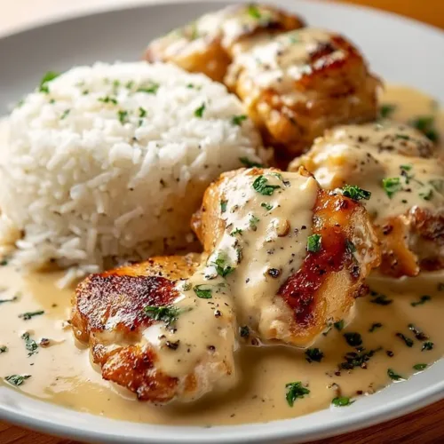 Creamy smothered chicken served over fluffy rice with vegetables