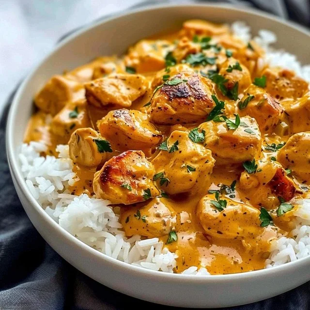 Creamy smothered chicken served over rice, a delicious comfort food dish.