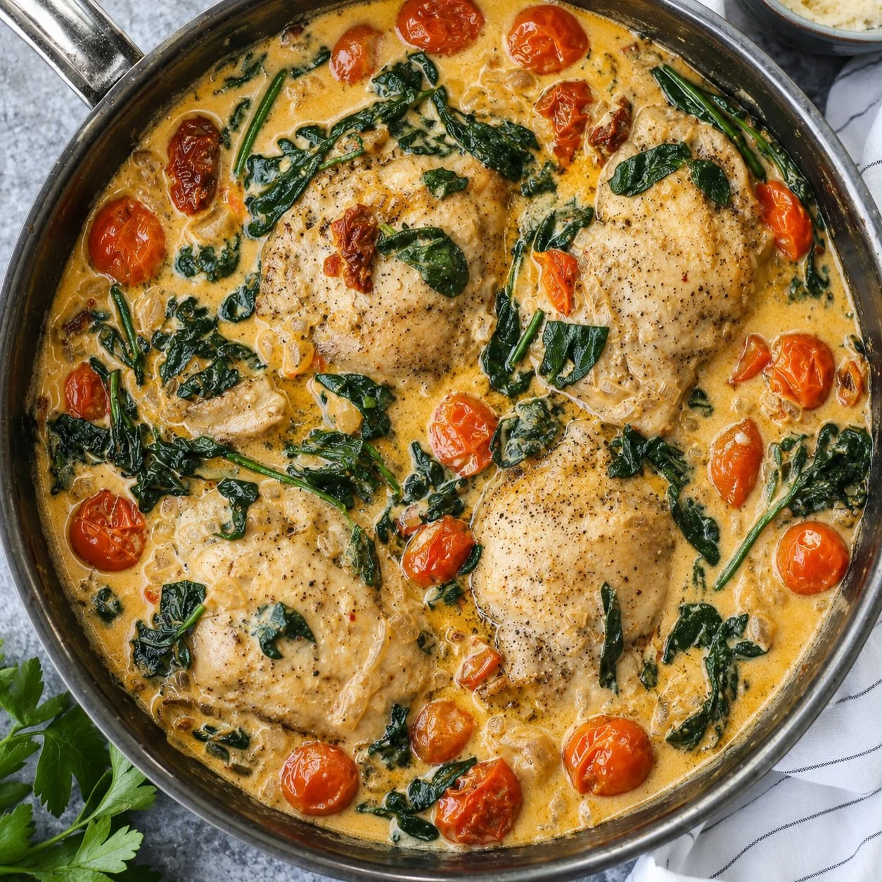 Creamy Tuscan Boneless Skinless Chicken Thighs with Spinach