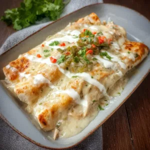 Creamy white chicken enchiladas topped with cheese and green onions