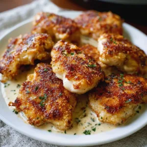 Crispy air fryer chicken thighs served on a plate with herbs and spices.
