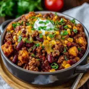 Delicious Crockpot Cowboy Casserole with beef, beans, and cheese cooked slowly in a crockpot.