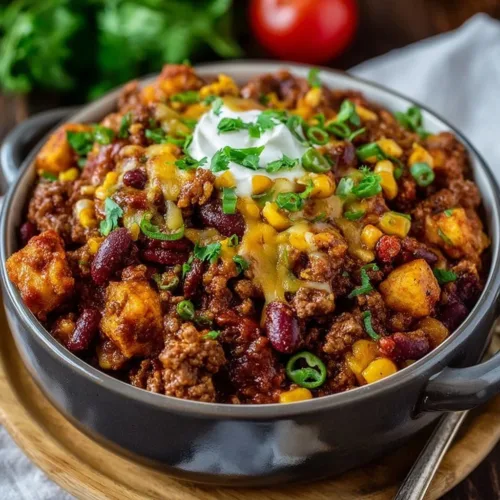 Delicious Crockpot Cowboy Casserole with beef, beans, and cheese cooked slowly in a crockpot.
