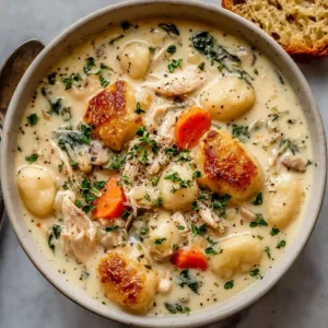 Crockpot gnocchi chicken pot pie soup served in a bowl with herbs