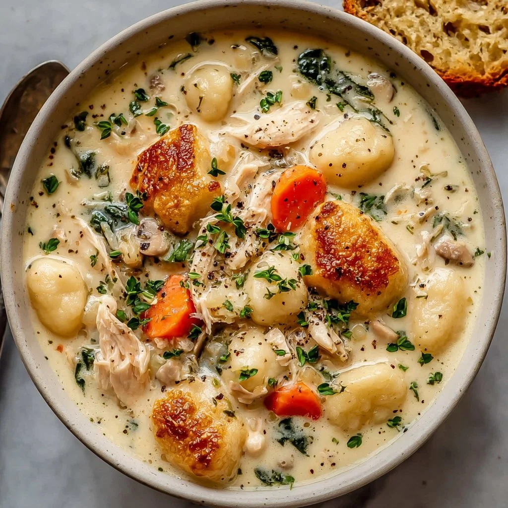 Crockpot gnocchi chicken pot pie soup served in a bowl with herbs