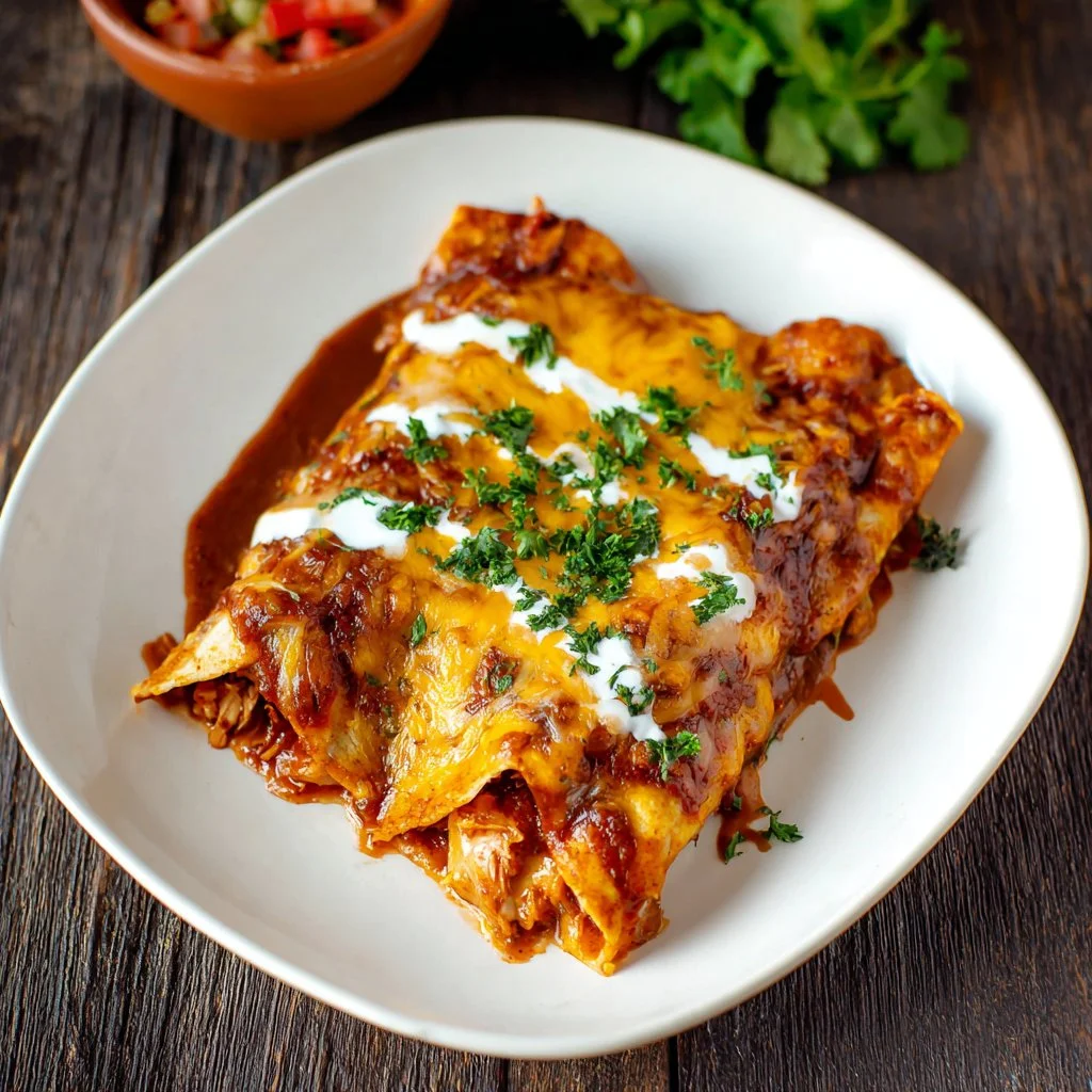 Easy cheesy chicken enchilada casserole topped with melted cheese and fresh ingredients.