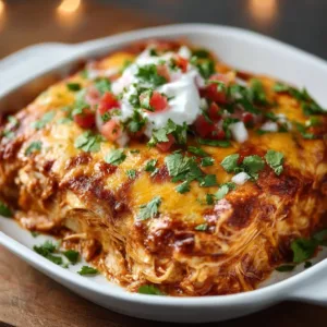 Delicious easy cheesy chicken enchilada casserole ready to serve on a weeknight dinner