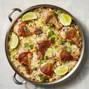 Delicious easy chicken and rice recipe served on a plate with herbs.